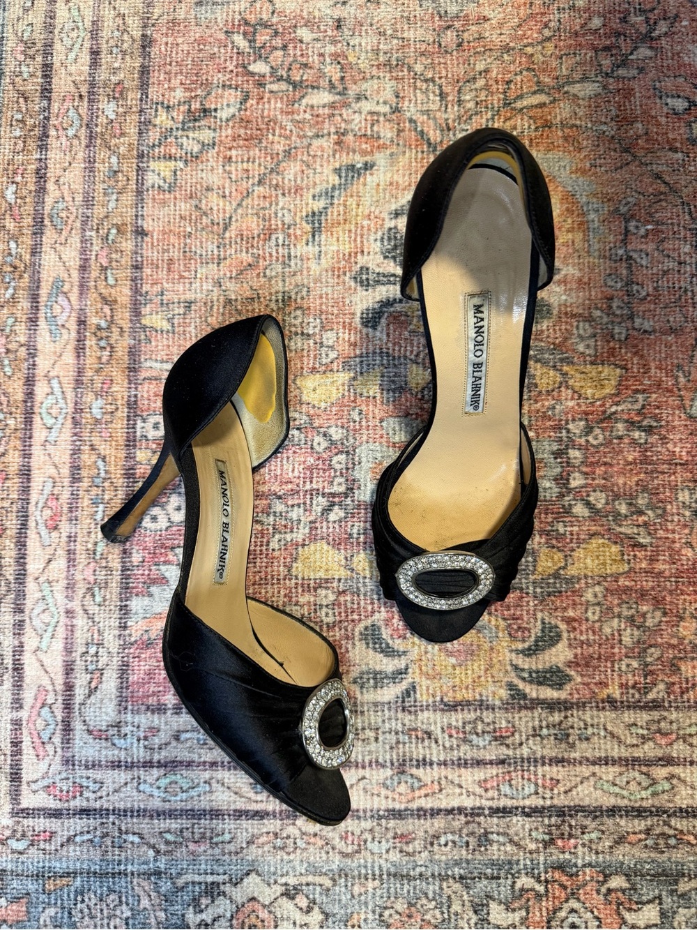Manolo Blahnik Sedaraby Black Satin Open-Toe Heels with Crystal Oval Buckle